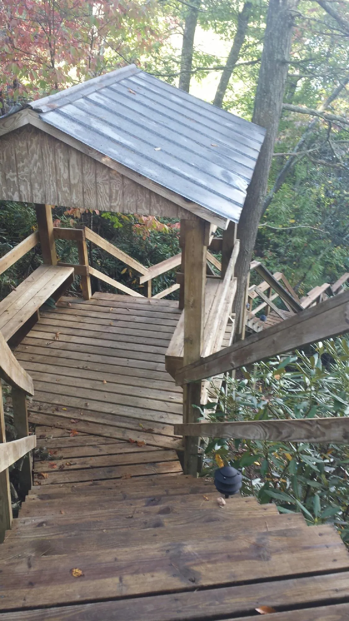 Metal roofed shelter over wooden steps on a wooded walkway — Skylight Repair & Installation work by our crew in Meacham